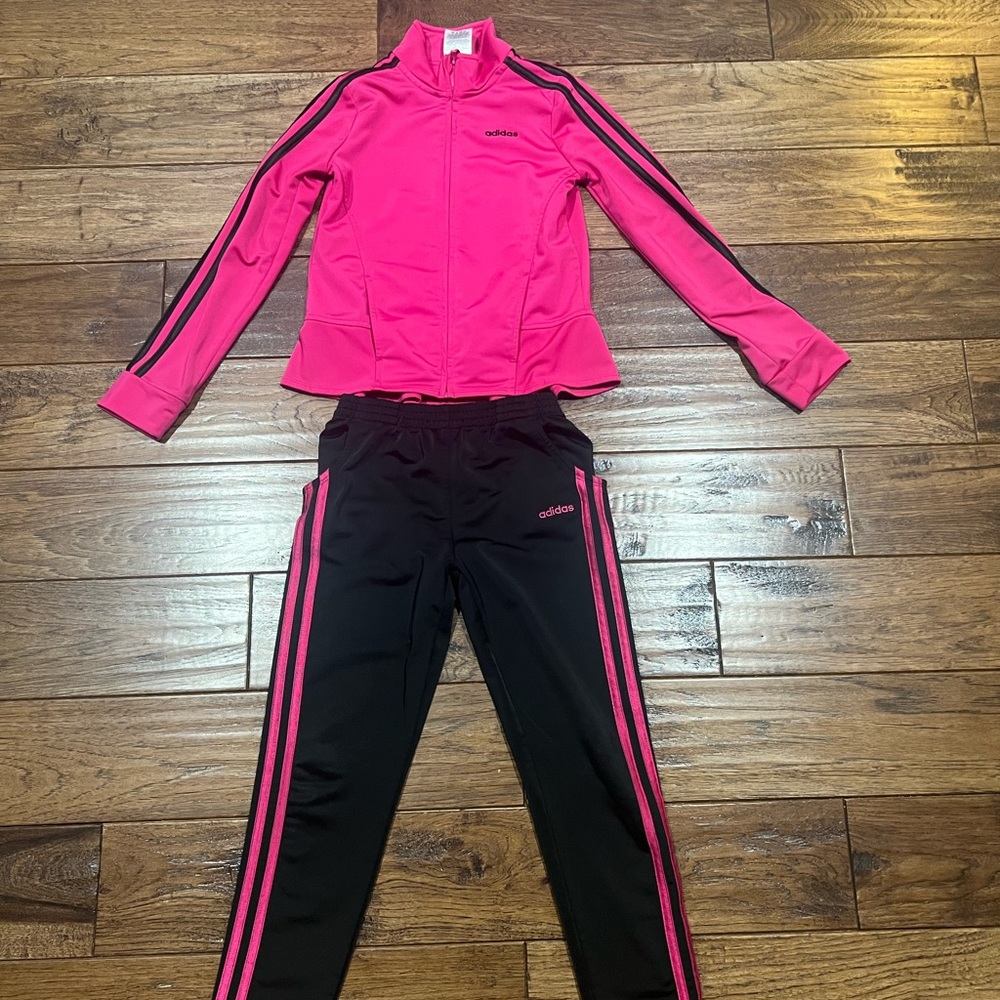 Adidas track suit set kids size 6X pants and zip up jacket pink/black